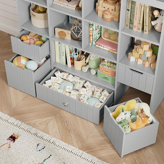 HITHOS 48" W Toy Storage Organizer, Large Kids Bookshelf with Rolling Toy Chest, Toy Organizer with Storage Bins, Book Shelf for Kids Room, Playroom Toy Box with 9 Open Cubbies for Boys/Girls, Grey