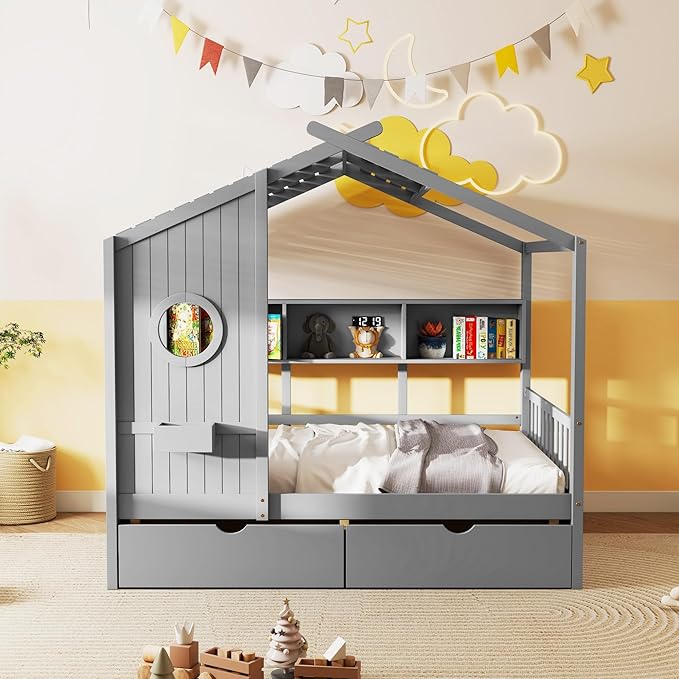 Aoowow Twin Size House Bed with Storage Shelves and Drawers, Wood Platform Kids House Bed with Window and Roof for Bedroom, Twin Playhouse Bed Frames for Boys Girls, Can be Decorated, Grey