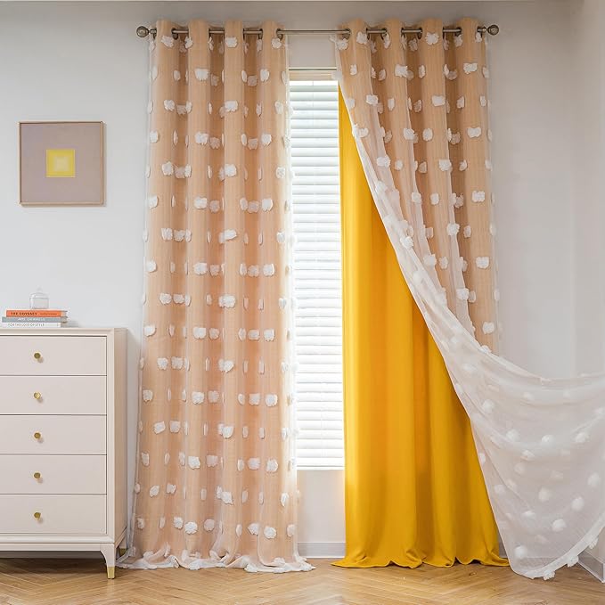 MYSKY HOME Nursery Curtains for Girl Room Yellow Curtains 72 Inches Long Pom Pom White Sheer Curtains for Kids Room Double Layer Toddler Bedroom Grommet Room Darkening Window Panels 52 x 72 Inch