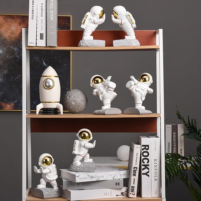 Book Ends for Shelves Decorative, Upgraded Astronaut Bookshelf Stopper Resin Book Shelf End Holders Heavy Duty Bookends for Kids Gifts Cute Spaceman Book Ends for Space Decor(F2-Gold)