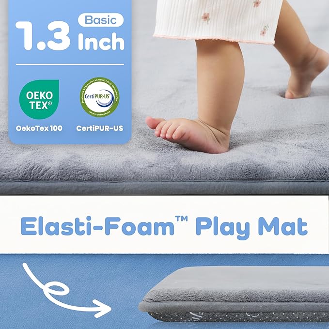 1.3" Thick Baby Floor Play Mat 79x118, Basic Padded Foam Mat for Tummy Time Crawling, Non Slip Cushioned for Babies Toddlers Infants Kids (Light Grey)