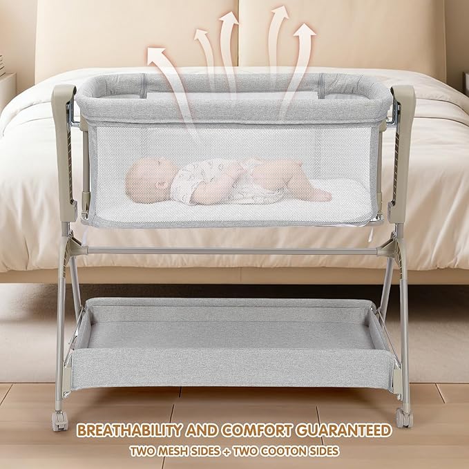 Ezebaby Baby Bassinet Bedside Crib, 3-in-1 Rocking Bassinets Bedside Sleeper with Comfy Mattress and Wheels, 6-Height Adjustable, Stable and Secure Crib for Newborn Infant