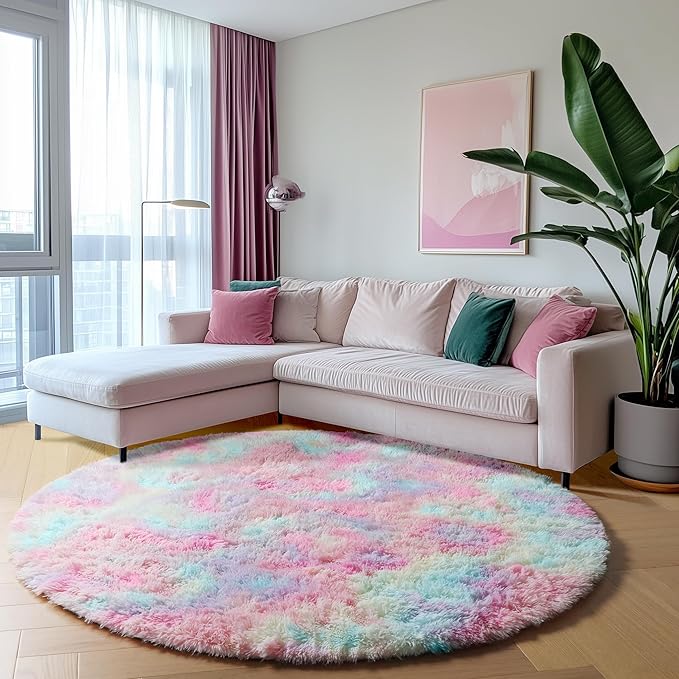 ONASAR Rainbow Round Area Rug 4ft, Soft Bedroom Circle Rugs Mats for Kids Girls Teen Room, Kawaii Fluffy Plush Shaggy Carpet for Baby Nursery Living Room Playroom Home Decor Princess Castle