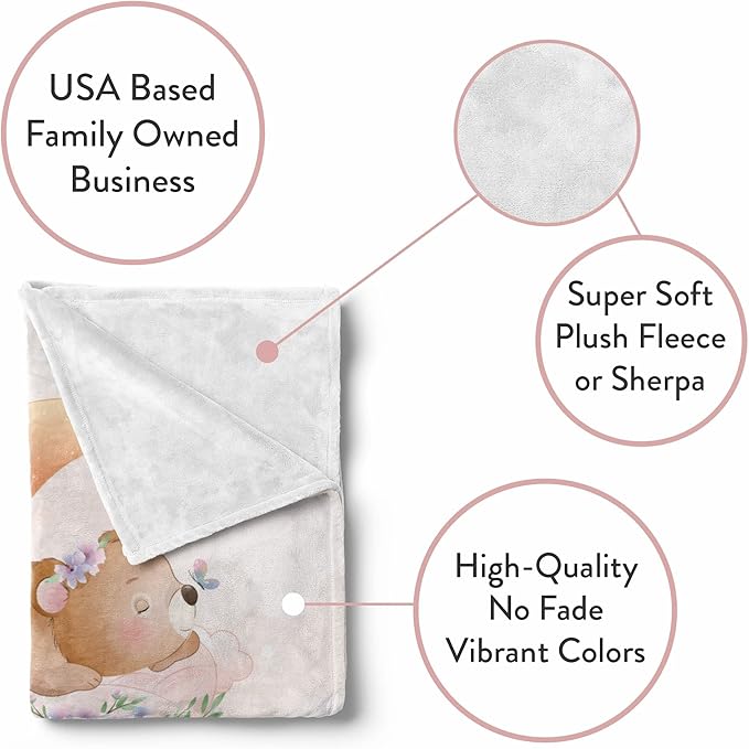 Custom Baby Blankets with Name | Personalized Bear Newborn Blanket for Baby Girl and Baby Boy | Unisex Warm Soft Sherpa Swaddle Blanket Minky | (Bear, Sherpa 50"x60")