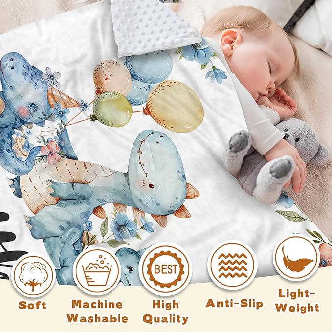 Personalized Baby Name Blanket for Boy Girl, Soft Flannel Blanket with Double Layer Dotted Backing for Infant Newborn, Nursery Crib with Dinosaur Design, Customized Gifts for New Mom(60" x80)