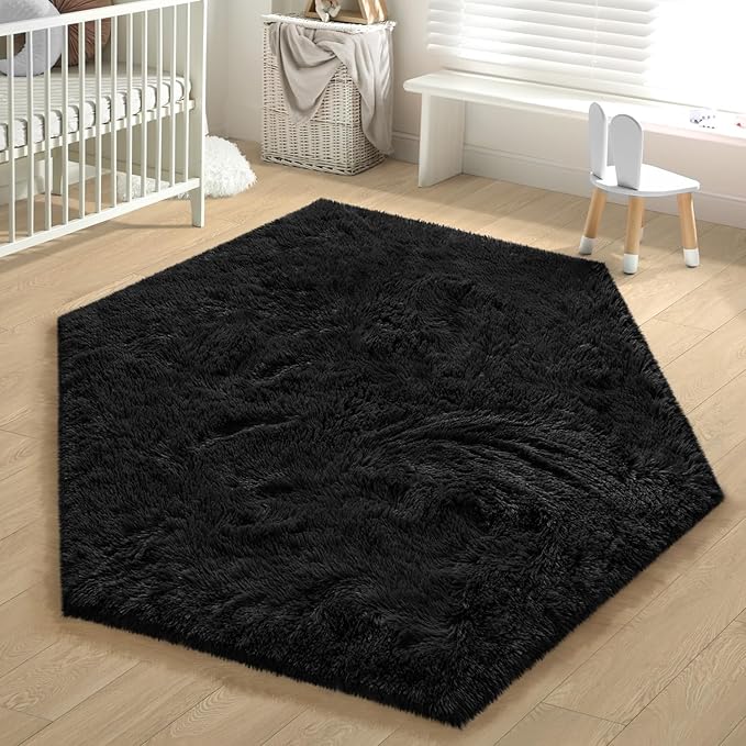EVOIONOS Black Hexagon Rug, Fluffy Area Rug for Bedroom, 4x4.6 Feet Shag Cute Carpet for Kids Girls Room, Fuzzy Plush Ultra Soft Cozy Non Slipfor Indoor Floor, Shaggy Furry Faux Fur Rug, Dorm