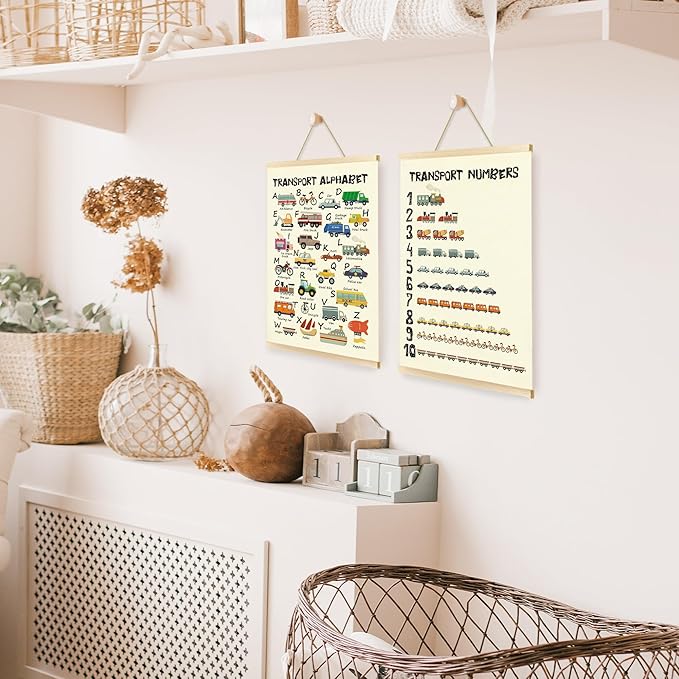 CGBHW Educational Transport Alphabet Numbers Poster Hanger Frame Set of 2 12x16, Vehicle Construction Learning Posters Wall Art Hanging Decor for Toddler Boy Kids Room Playroom Nursery