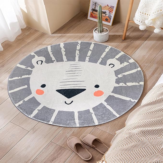 ABREEZE Kids Play Rug 2.6ft, Lion Round Area Rug Nursery Door Mat Soft Plush Non-Slip Carpet for Bedroom Living Room Kids Playroom