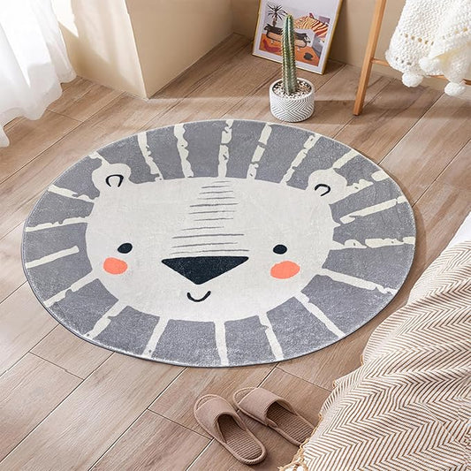 ABREEZE Kids Play Rug 2.6ft, Lion Round Area Rug Nursery Door Mat Soft Plush Non-Slip Carpet for Bedroom Living Room Kids Playroom