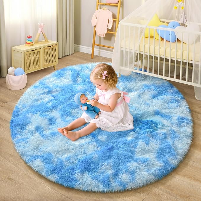 EVOIONOS Tie-Dyed Blue Round Rug Bedroom, 5x5 Ft Fluffy Soft Circle Area Rugs Living Room, Plush Shaggy Circular Carpet Indoor Floor Bedside Kids Nursery, Machine-Washable Home Decor Aesthetic