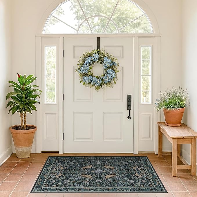 Vintage Large Entryway Rugs Indoor, 3x5 Washable Blue and Green Floral Rugs for Kitchen Floor, Bedroom Beside Bed, Non-Slip & Low Pile Stain Resistant Laundry Carpet with Plant & Bird Pattern