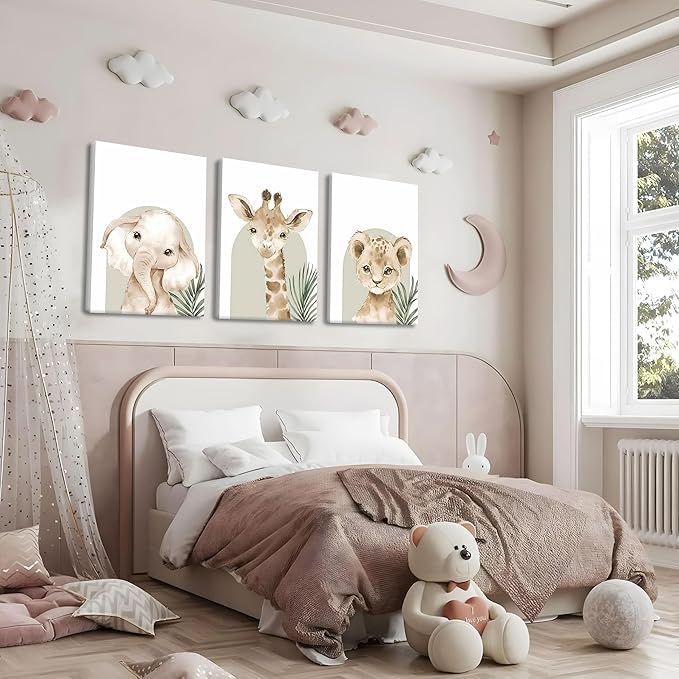 Nursery Wall Decor Set of 3, Cute Animal Lion Elephant Baby Pictures Poster Prints, Giraffe Jungle Canvas Wall Art Woodland Nursery Decor for Boys Girls Room Decoration 16x24 inch Framed