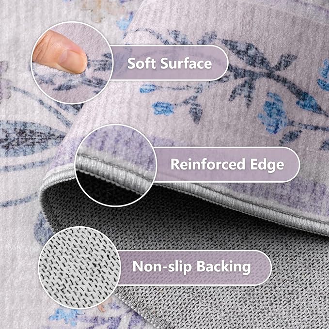 Purple Rug for Girls Room, 5x7 Washable Boho Floral Area Rugs for Living Room, Cute Ultra-Thin Non Slip Indoor Girls Bedroom Decor Lavender Carpet for Baby Nursery Kids Room Playroom Dorm
