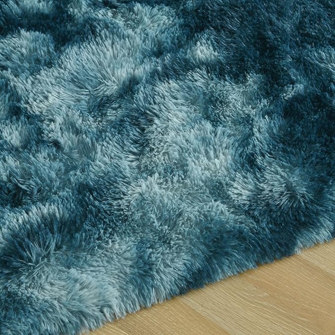 DweIke Fluffy Peacock Blue Rugs for Bedroom Living Room, 6x9 Large Soft Plush Shaggy Tie-Dyed Teal Blue Girls Boys Kids Rug, Upgraded Non-Slip and Machine Washable Carpet for Dorm Nursery Decor