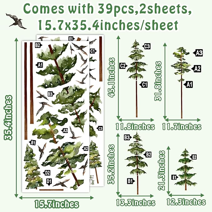 Large Pine Tree Wall Stickers Green Trees Wall Decals Peel and Stick Watercolor Birds Nature Giant Trees Decor Woodland Forest Sticker Green Tree Stickers for Living Room Bedroom Home Decor