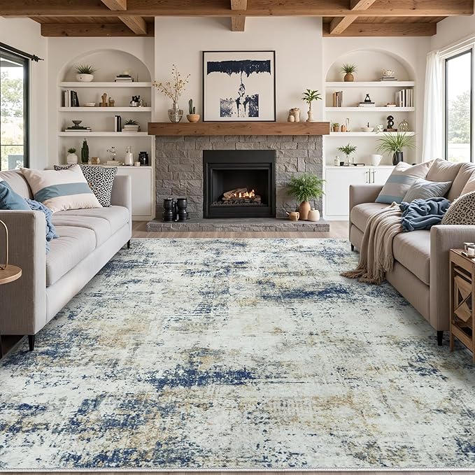 8x10 Area Rugs for Living Room Bedroom: Abstract Washable Rug with Anti-Slip Backing Non-Shedding Stain-Resistant Soft Large Carpet for Dining Room Nursery Hallway Indoor Home Office Blue Brown