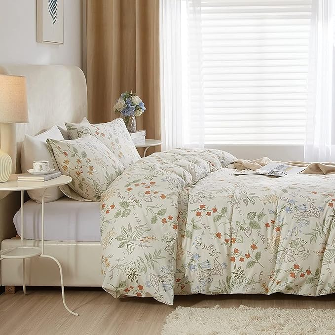 HighBuy Garden Floral Duvet Cover Queen Size Cotton Bedding Comforter Cover Set with Zipper Ties,Paisley Jacquard Floral Hotel Quality,1 Duvet Covers and 2 Pillowcases,Queen Bed Set