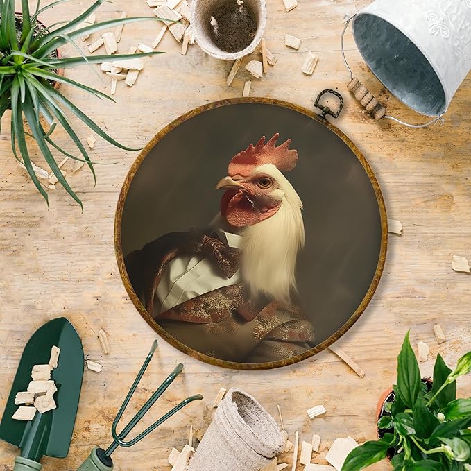 Hiuwevt Vintage Chicken Round Wall Art Decor, Whimsical Dark Moody Chicken Framed Canvas Prints, Rustic Country Farm Animal Round Wall Hanging Decor for Kitchen Home Bedroom Decorations, 10x10 Inches
