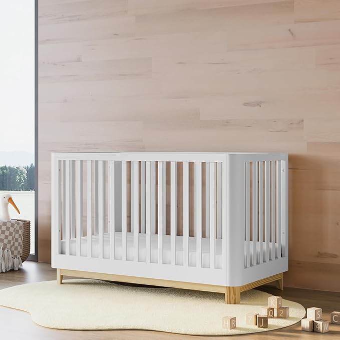 Storkcraft Santos 3-in-1 Convertible Crib (White with Natural) – GREENGUARD Gold Certified, Fits Standard Crib Mattress, Converts to Toddler Bed, Modern Style, Rounded Designer Details