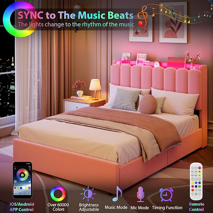Garvee LED Full Size Bed Frame with Storage Headboard, Kids Bed Frame with 2 Drawers, Boucle Upholstered Platform Bed for Girls, Chic Wavy Headboard with Bookcase, No Box Spring Needed, Pink