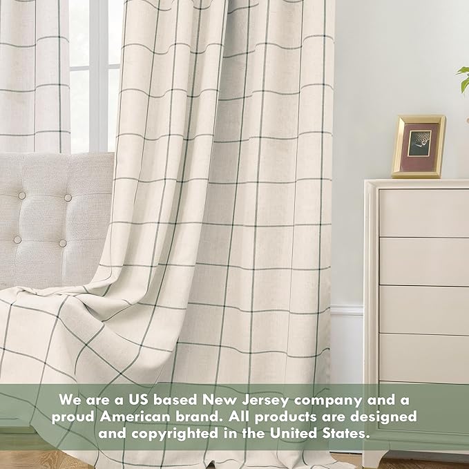 DriftAway 2 Panels 100% Blackout Windowpane Plaid Linen Curtains Double Layer Drapes for Bedroom 63 Inches Long Farmhouse Thermal Insulated 3.25 Inch Rod Pocket Back Tab for Living Room Loden Green