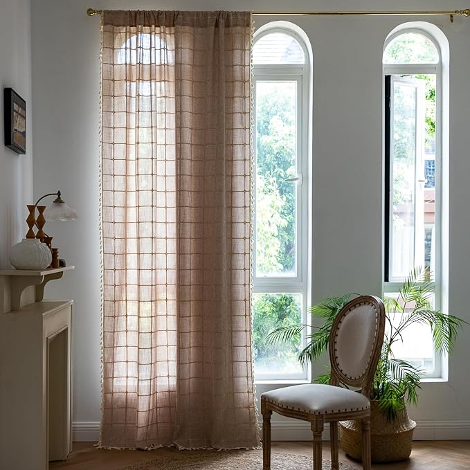 Deeprove Boho Curtains 96 Inches Long for Bedroom, Cotton Linen Light Brown Plaids Embroidery Semi Blackout Bohemian Aesthetic Window Treatment Grids Drape Tassels, 1 Panel W52 x L96 Tan