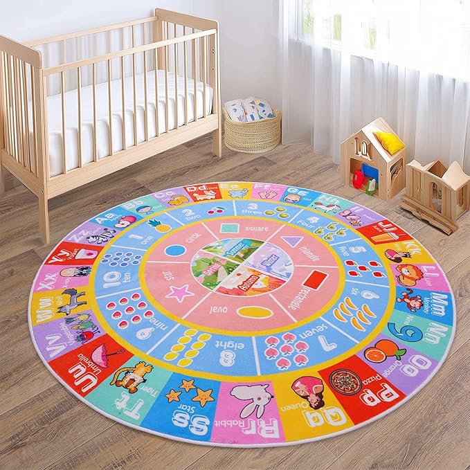 Kids Rugs for Playroom - Soft & Non-Slip 6x6 Feet Round Educational Rug for Learning ABC Alphabet, Numbers, Shapes & Season, Washable Classroom Rug for Toddler Nursery & Kids Room Decor
