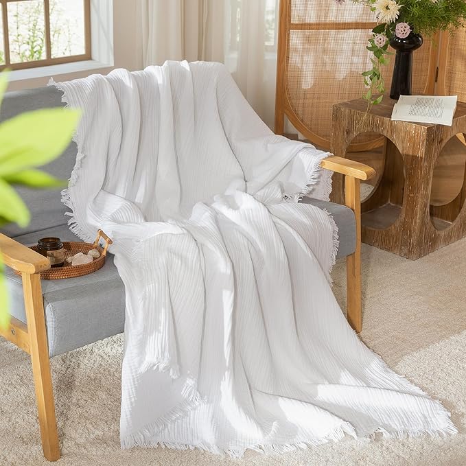 MooMee Muslin Blanket - 100% Cotton 4-Layer Gauze Throw Blanket with Tassels Ultra-Soft Breathable Lightweight Cooling for Bed Couch (Bright White,Oversized Queen 98" x 98")
