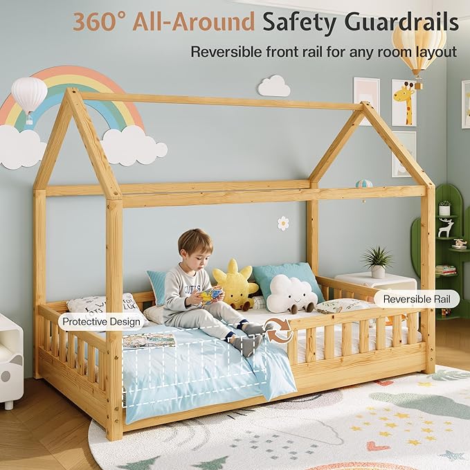Jocisland Twin Size House Bed for Kids, Montessori Wooden Floor Bed Frame with Guardrails, Removable Rails, Playhouse Roof, Easy Assembly, Toddler Floor Bed for Boys & Girls, Natural Wood