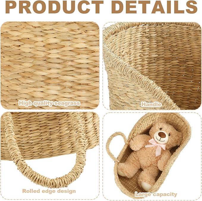 Doll Bassinet Handwoven Seagrass Moses Basket Portable Doll Carrier Natural Wicker Bassinet for Plush Bears, Shower Gift Decor, Photo Prop, Diaper Caddy
