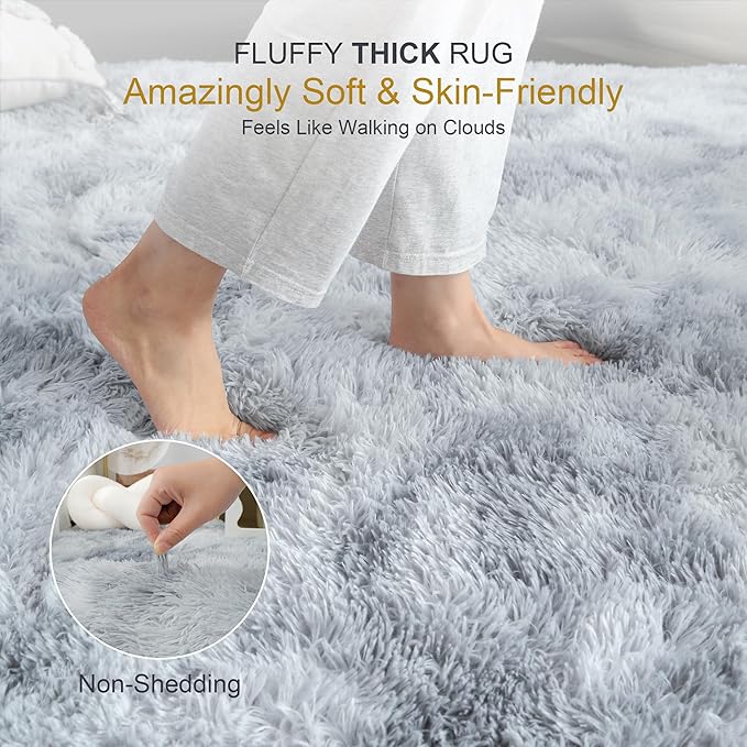 Thick Area Rug 5x7 Light Grey Fluffy Shag for Bedroom, Ultra Soft Plush Fuzzy Washable Thickened Non Slip Carpet, Cozy Furry Shaggy Rug for Living Room Kids Nursery Dorm Room, Tie-Dye Gray