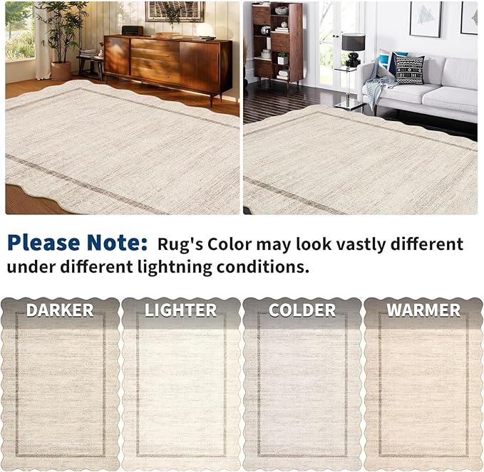 GarveeHome Scalloped Washable Rug 9x12 Area Rug for Bedroom Modern Living Room Rug Farmhouse Non Slip Large Area Rug Soft Throw Rugs Stain Resistant Carpet for Dining Room Nursery Beige 9'x12'