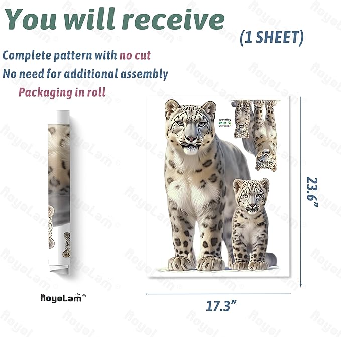 Lifelike Snow Leopard with Cub Wall Decal Nursery Animal Wall Sticker Removable Peel and Stick Wall Art Decor for Kid Baby Classroom Preschool Living Room Playroom Bedroom School