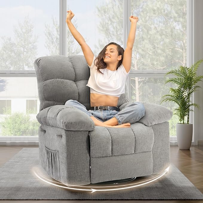 Swivel Recliner Chair, Upholstered Fabric Comfy Rocking Chair, Sturdy Q235 Steel Frame Nursery Glider, 300 LBS Capacity, for Small Spaces, Living Room, Bedroom, Light Grey