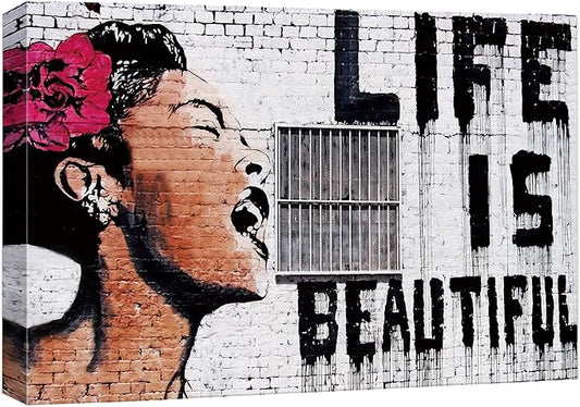 SIGNWIN Framed Canvas Wall Art Banksy Life is Beautiful Billie Holiday Graffiti & Street Art Famous People Pop Art Modern Urban Multicolor for Living Room, Bedroom, Office - 16x24 inches