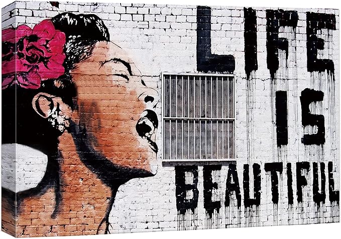 SIGNWIN Framed Canvas Wall Art Banksy Life is Beautiful Billie Holiday Graffiti & Street Art Famous People Pop Art Modern Urban Multicolor for Living Room, Bedroom, Office - 12x18 inches