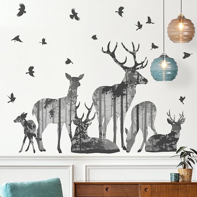 2 Sheets Forests Silhouette Animals Wall Decals Removable Wild Elk Tree Wall Decals Peel and Stick Vinyl Birds Wall Art Decor for Children Nursery Bedroom Living Room Wall Corner Decor