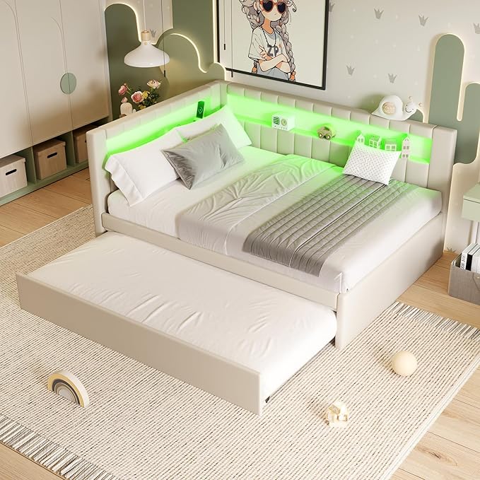 Full Size Soft Daybed with Trundle, Storage Shelves and LED Belt, Linen Upholstered Corner Bed with L-Shaped Bookshelf Headboard and USB Charger for Kids Boys Girls, White