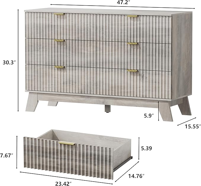 6 Drawer Dresser for Bedroom, Fluted Dressers Chest of Drawers with Gold Handle, Mid Century Modern Dresser for Closet, Wood Closet Storage Organizer Furniture for Bedroom, Living Room, Hallway, Grey