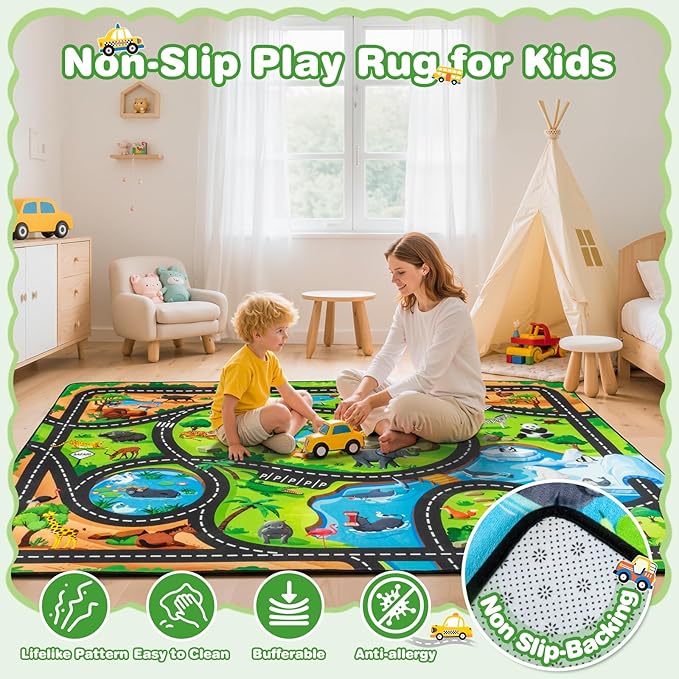 Kids Rug, 4x6 Ft Animal Car Rugs for Kids Toy Cars, Extra Thick (0.4in) - Non-Slip Zoo Road Rug Mat Carpet for Playroom & Bedroom, Educational Learning & Game Area