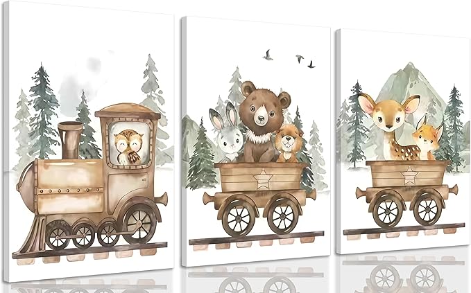 3Pcs Framed Woodland Animal Nursery Canvas Wall art Forest Wildlife Train Adventure Drawing Picture Wall Decor Fox Bear Deer Rabbit Owl Poster Printings for Boys Girls Room Home Decoration