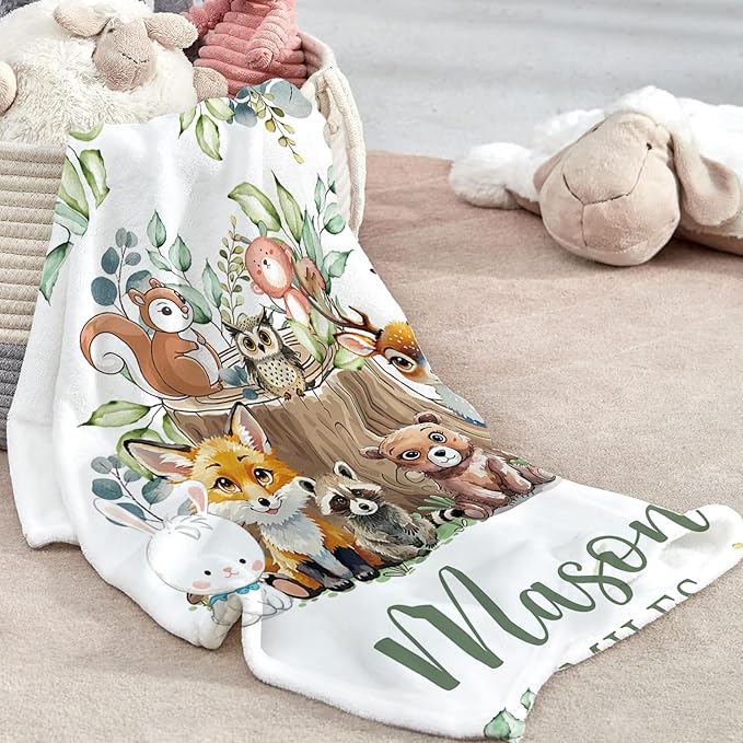 Custom Baby Crib Bedding Set - Animal Stump Design Personalized Name Baby Nursery Bedding 3 Pcs Set - Chic Soft Blanket, Fitted Sheet, Room Rug for Newborns Boys Girls Gifts