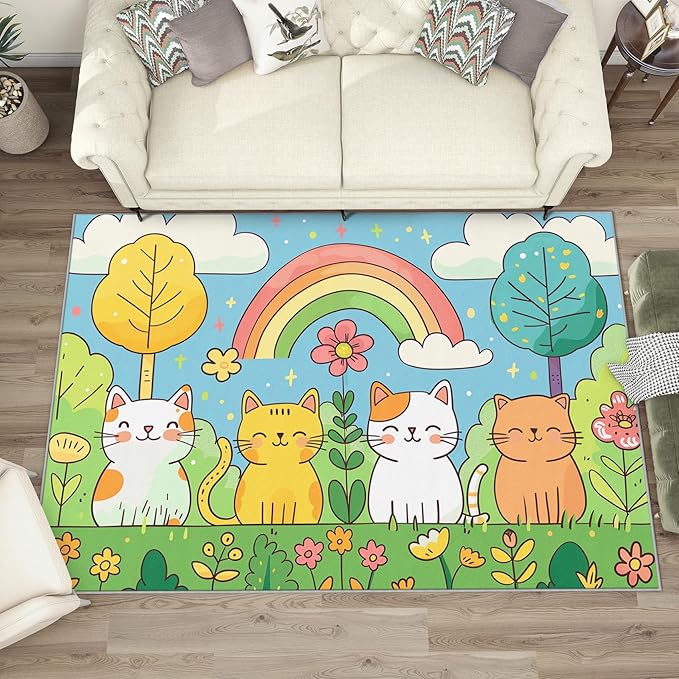 Cat Rug for Bedroom - Cute Kawaii Kitten Area Rug 7x10 - Washable Non Slip Ultra Soft, Cat Lovers Cartoon Rainbow Rugs for Living Room, Kids Baby Nursery Playroom Carpet, Cats Home Decor