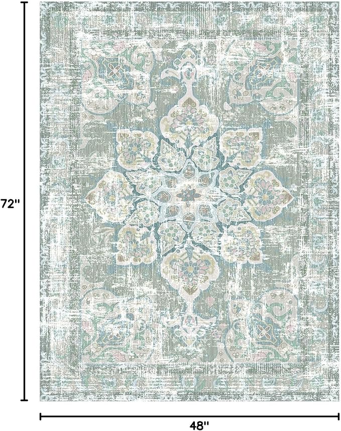 Vhong Washable Area Rugs Boho Vintage Neutral Modern Pale Green 4x6 Non Slip Small Carpet for Living Room Dining Room Bedroom Farmhouse