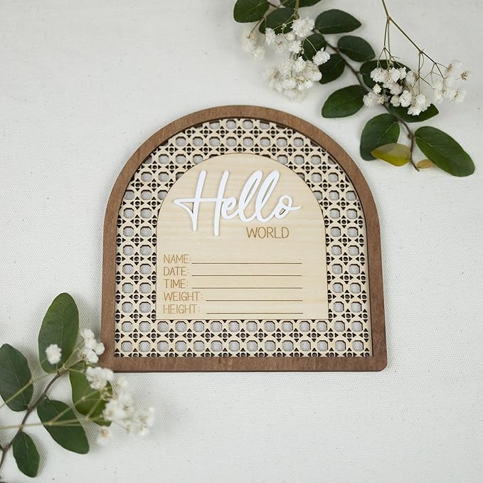 Baby Announcement Sign 6.5 Inch Wooden Hello World Newborn Welcome Sign Birth Name Plaques for Photo Props Shower Hospital Nursery (Rattan)