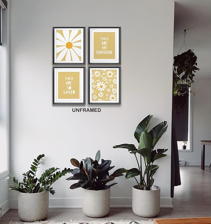 AEHIE Boho Yellow Daisy Flower Decor Art Print, You Are My Sunshine Poster for Baby Girls Room Nursery, Bohemian Wall Art, Spring Aesthetic Floral Wall Art, 4pcs
