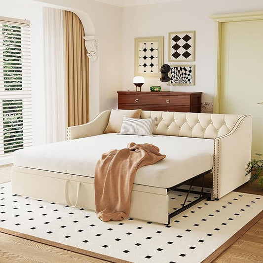 Merax Twin Size Upholstered Velvet Daybed with Pop Up Trundle, Multi-Functional Sofa Bed with Backrest and Two Armrest for Kids Room, Guest Room, Living Room,Beige