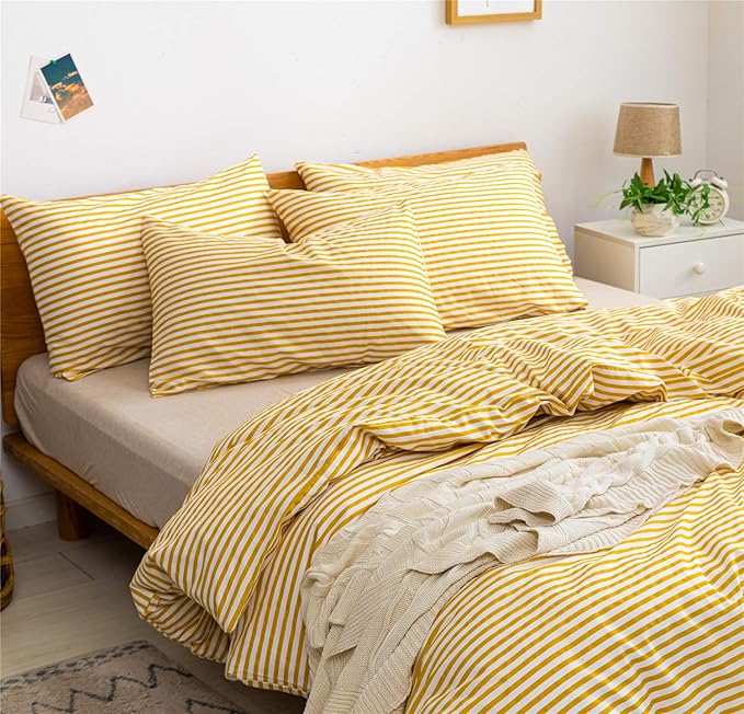JELLYMONI 100% Natural Cotton 3pcs Striped Duvet Cover Sets,White Duvet Cover with Yellow Stripes Pattern Printed Comforter Cover,with Zipper Closure & Corner Ties(King Size)