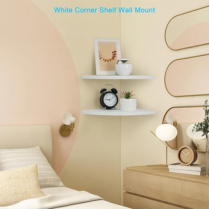 Corner Wall Shelves Set of 2, Rustic Wood Corner Floating Shelves with Cable Raceway, Wall Mount Storage Display for TV Accessories, Baby Monitor (White, Fan-shaped-10 Inch)