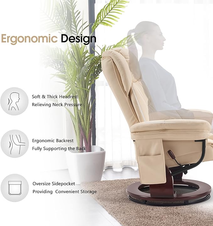 MCombo Swivel Recliners with Ottoman, Vibration Massage TV Chairs with Side Pocket, Faux Leather Ergonomic Lounge Chair for Living Room Bedroom 4734 (Cream White)